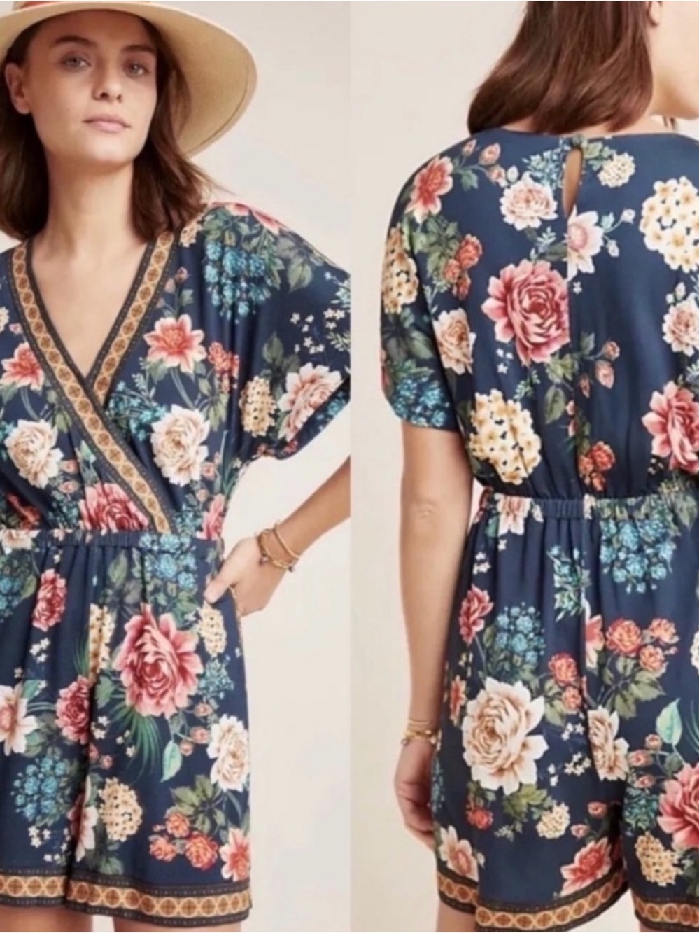 Farm Rio Anthropologie Navy Floral V-Neck Romper Women’s Small